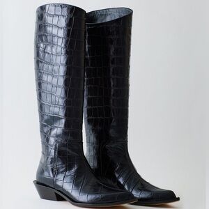 Tibi Black Croc-Embossed Knee-High Boots